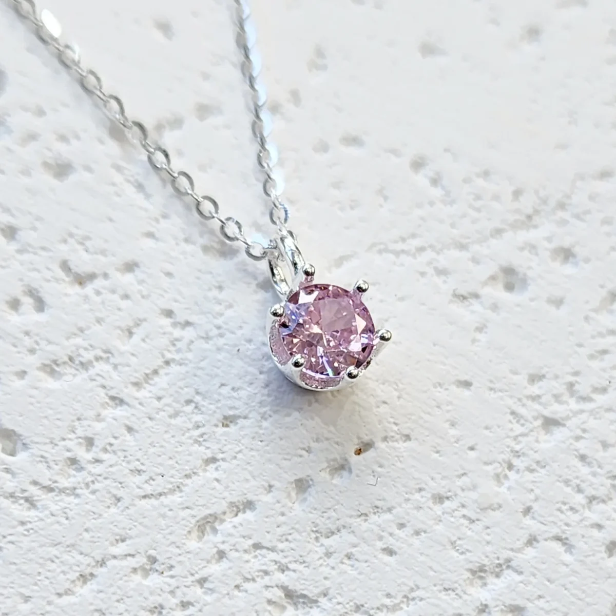 Sterling Silver Pink CZ 6 Claw Round Pendant with Sterling Silver Chain