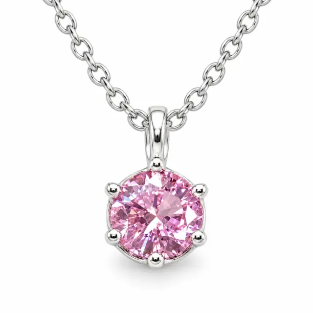 Sterling Silver Pink CZ 6 Claw Round Pendant with Sterling Silver Chain