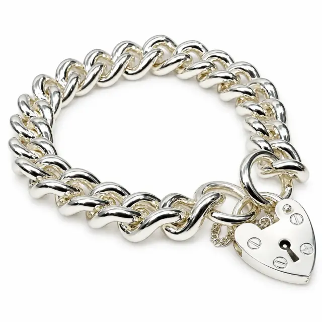 Sterling Silver Plain Curb Link C350 Gauge Heart Padlock Bracelet 20cm – Made in New Zealand - C350PB21/PAD18