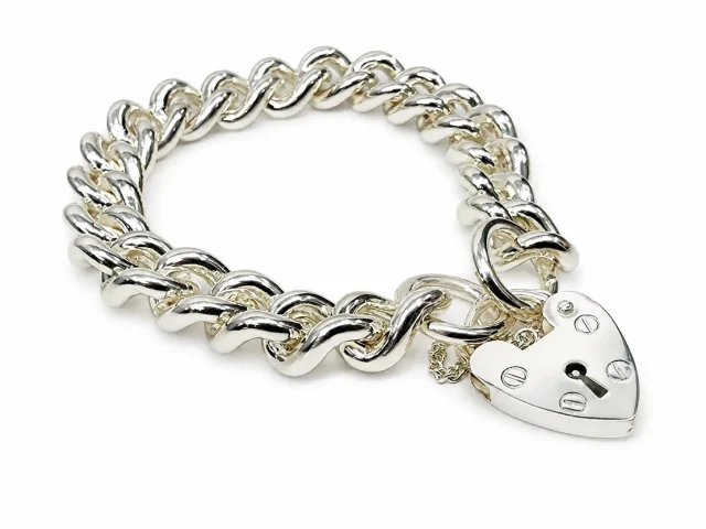 Sterling Silver Plain Curb Link C350 Gauge Heart Padlock Bracelet 20cm – Made in New Zealand - C350PB21/PAD18