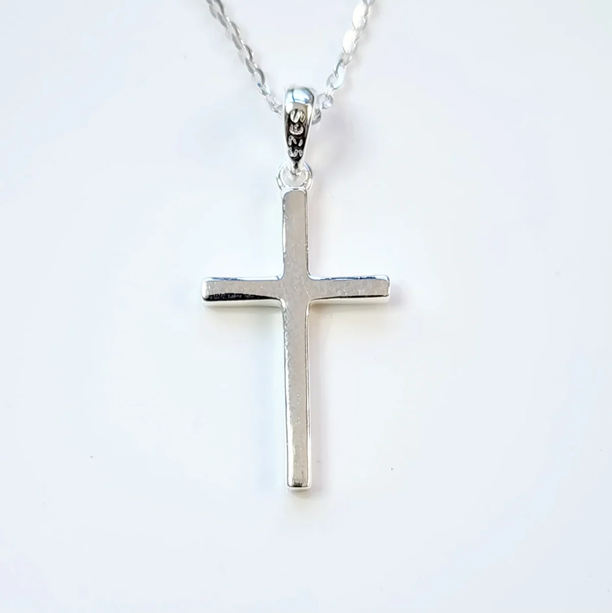 Sterling Silver Plain Square Cut Cross Pendant and Sterling Silver Chain