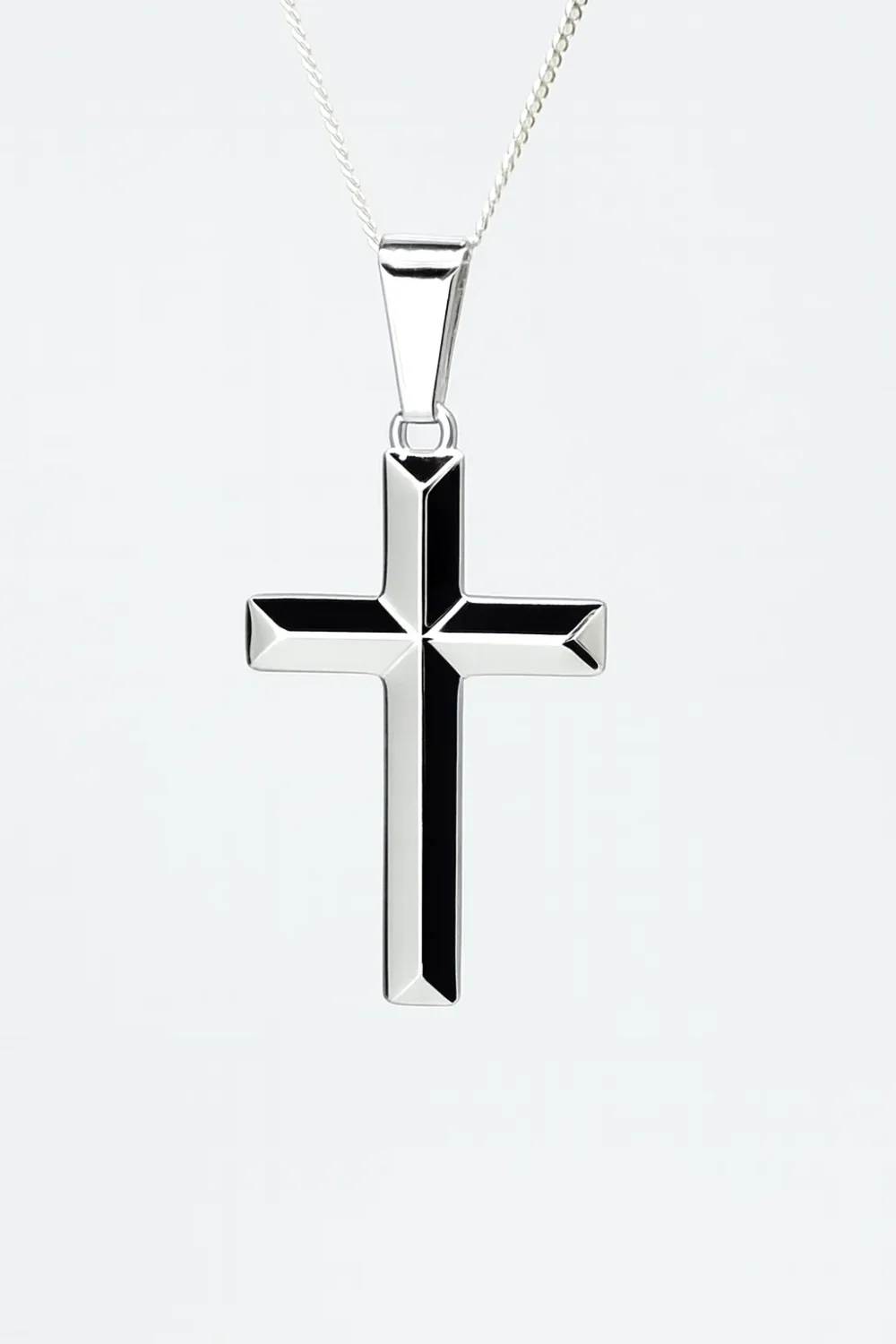 Sterling Silver Polished Cross Pendant with Beveled Edges and Complimentary Chain - S105294P/10