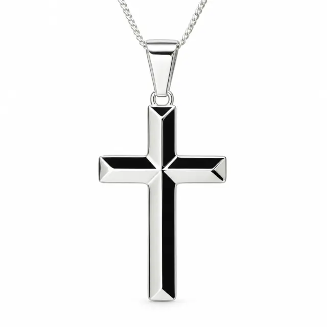 Sterling Silver Polished Cross Pendant with Beveled Edges and Complimentary Chain - S105294P/10