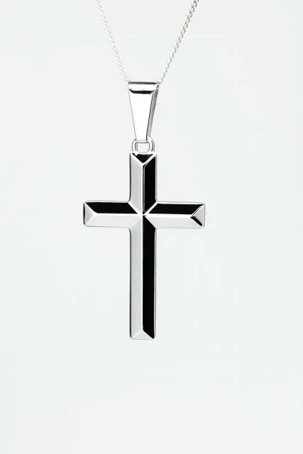 Sterling Silver Polished Cross Pendant with Beveled Edges and Complimentary Chain - S105294P/10