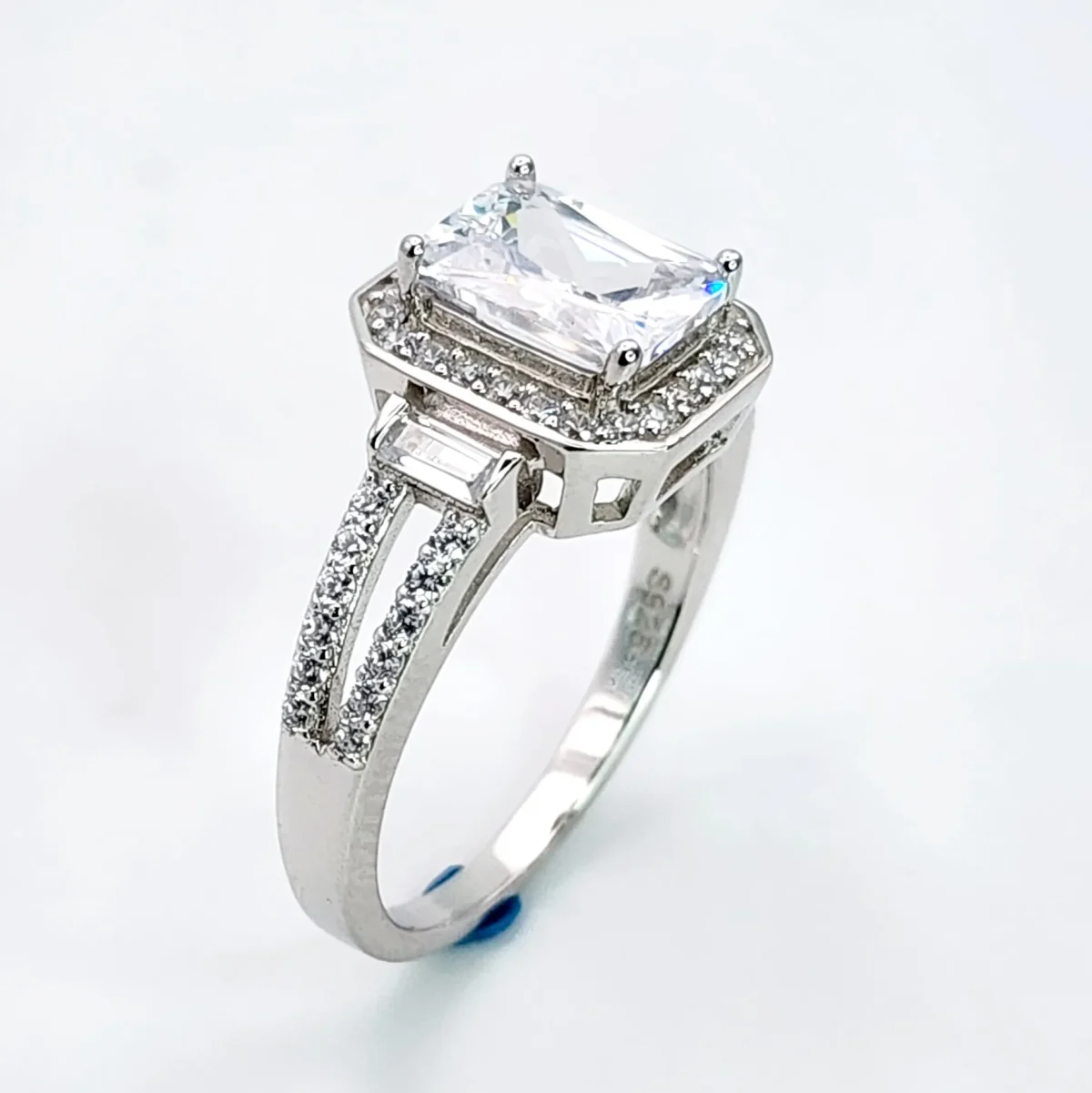 Sterling Silver  Radiant Cut Halo Split Shank Cubic Zirconia Engagement/Dress Ring
