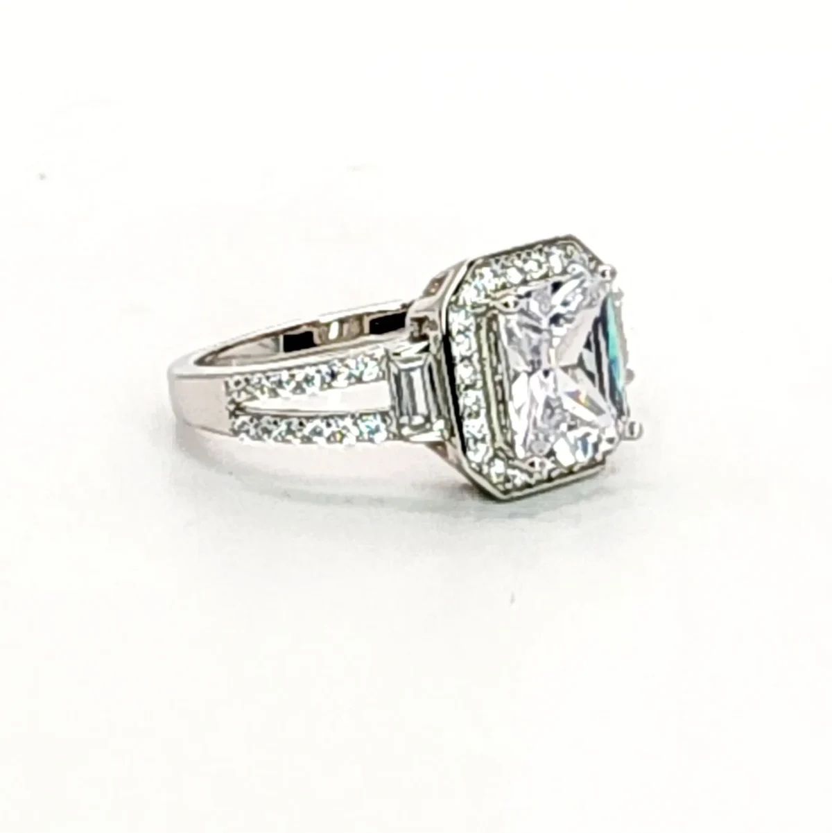 Sterling Silver  Radiant Cut Halo Split Shank Cubic Zirconia Engagement/Dress Ring