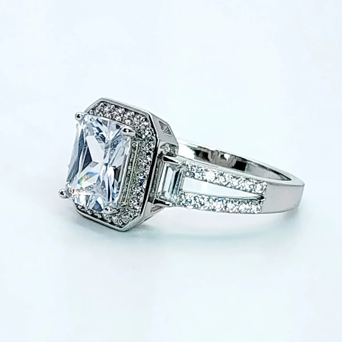 Sterling Silver  Radiant Cut Halo Split Shank Cubic Zirconia Engagement/Dress Ring