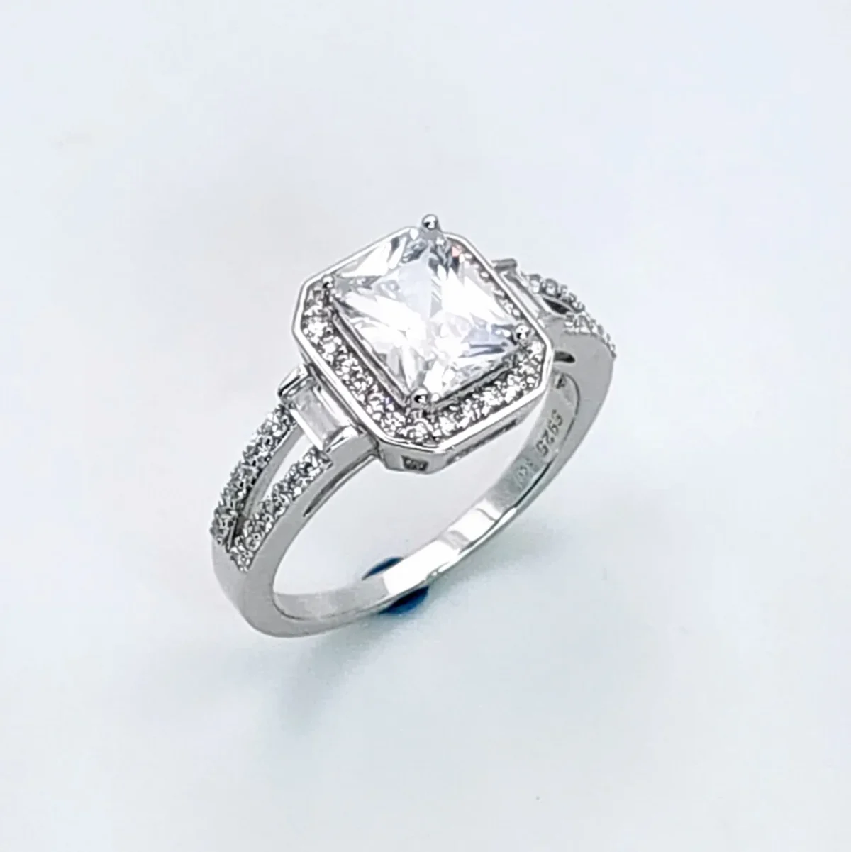 Sterling Silver  Radiant Cut Halo Split Shank Cubic Zirconia Engagement/Dress Ring