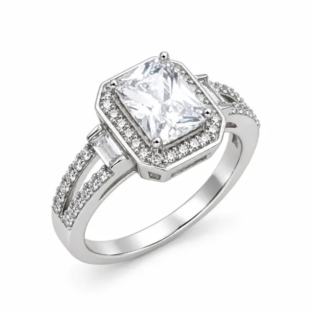 Sterling Silver  Radiant Cut Halo Split Shank Cubic Zirconia Engagement/Dress Ring