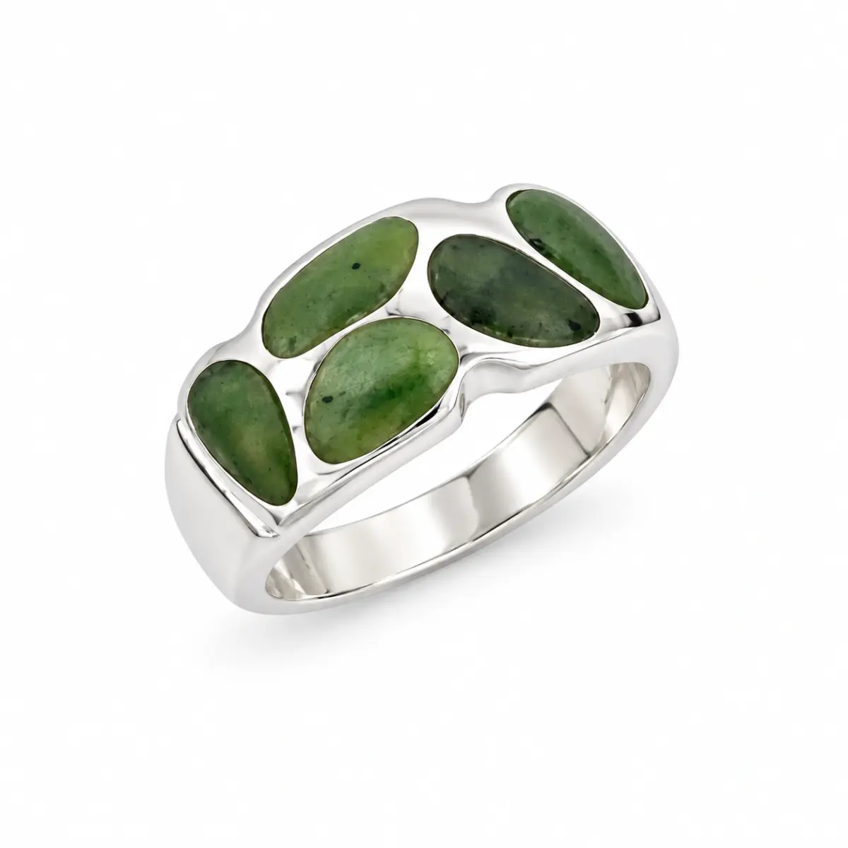 Sterling Silver Ring with 5 New Zealand Greenstone Inlays - SSDRB