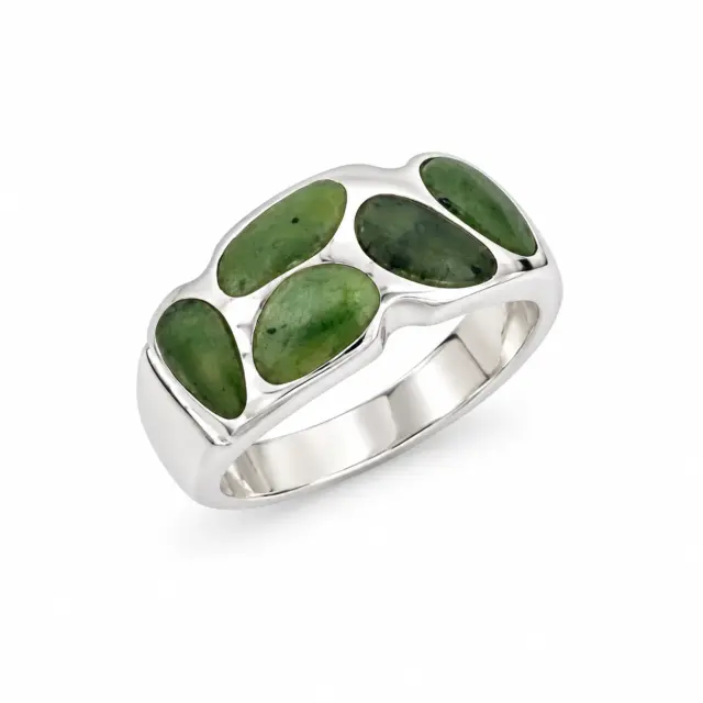 Sterling Silver Ring with 5 New Zealand Greenstone Inlays - SSDRB