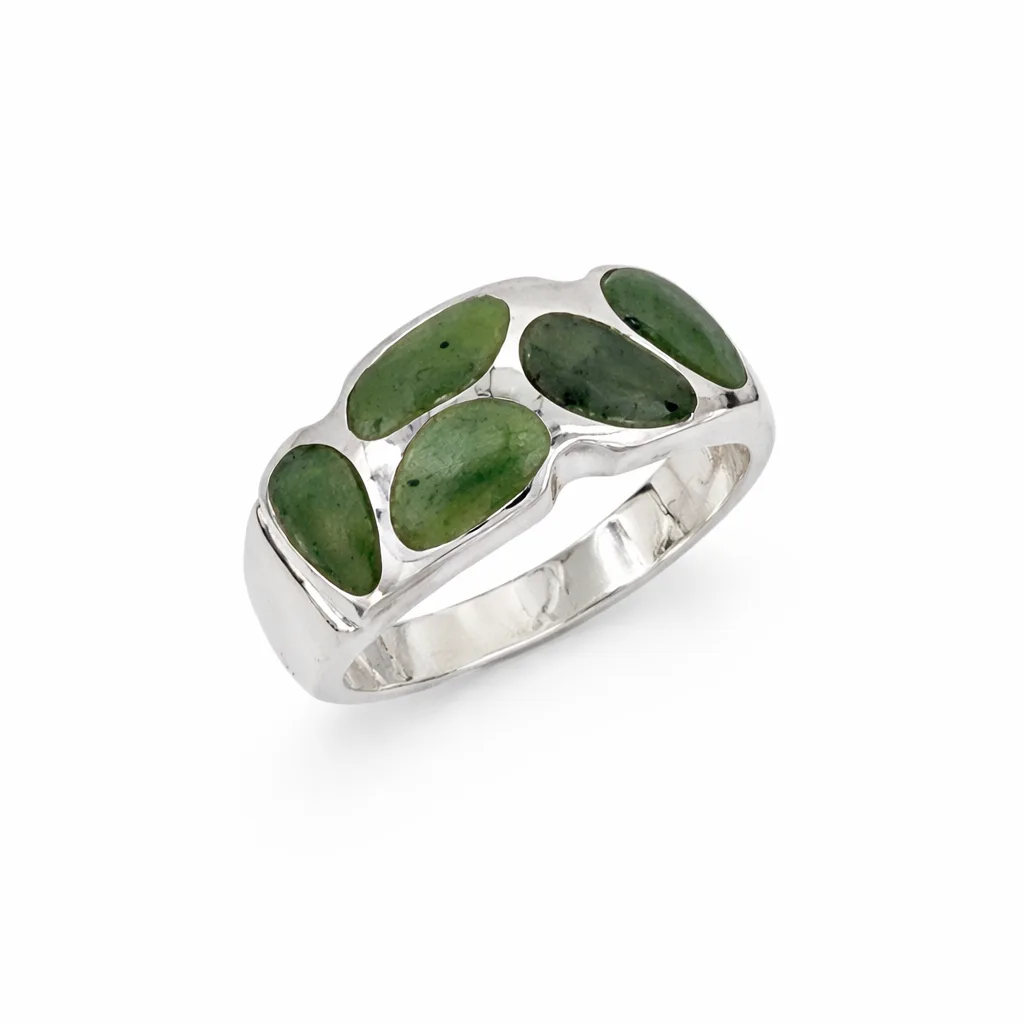 Sterling Silver Ring with 5 New Zealand Greenstone Inlays - SSDRB