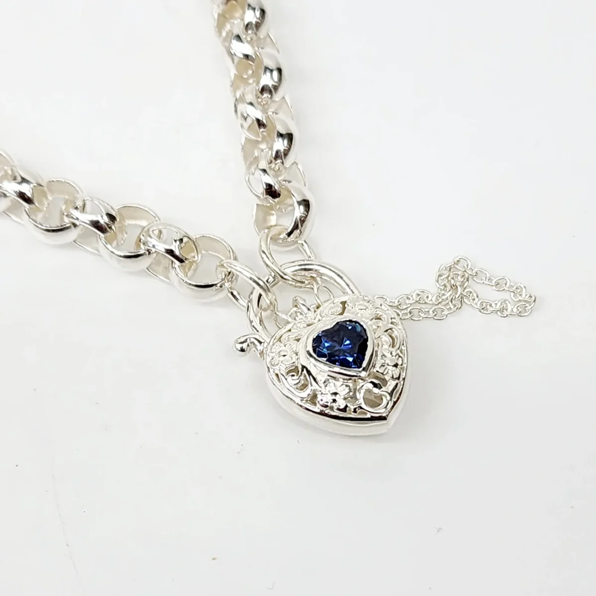Sterling Silver Round Belcher with Heart Shape Blue CZ Filigree Padlock Bracelet