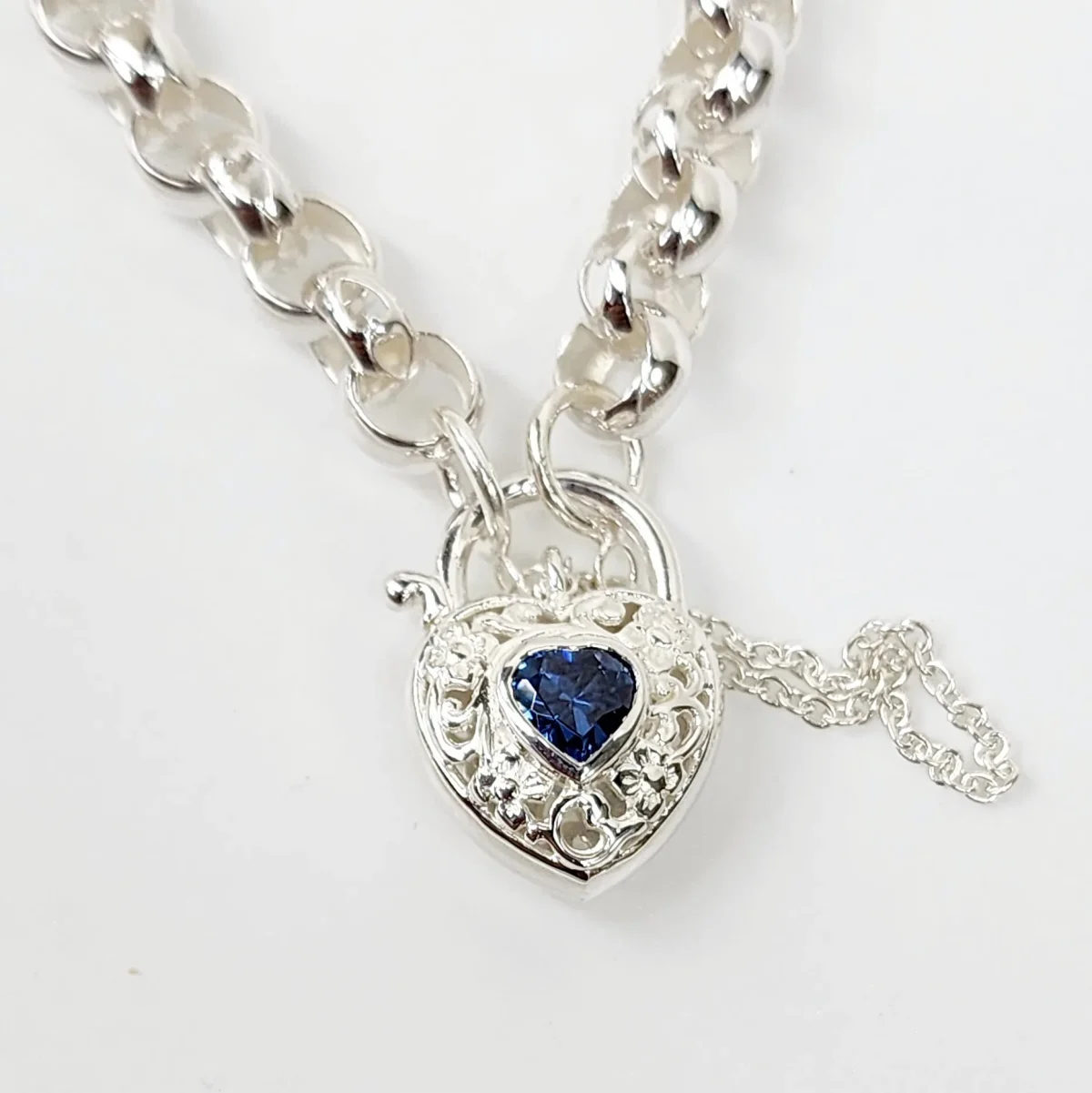 Sterling Silver Round Belcher with Heart Shape Blue CZ Filigree Padlock Bracelet