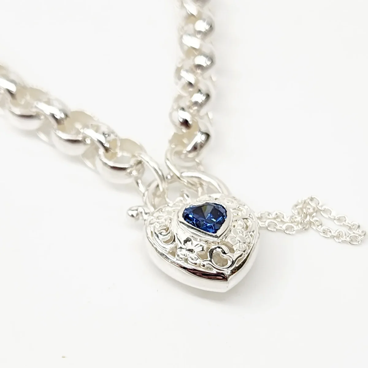Sterling Silver Round Belcher with Heart Shape Blue CZ Filigree Padlock Bracelet