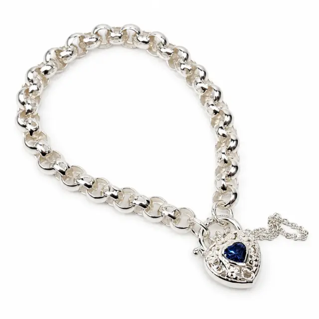 Sterling Silver Round Belcher with Heart Shape Blue CZ Filigree Padlock Bracelet