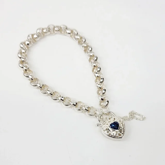 Sterling Silver Round Belcher with Heart Shape Blue CZ Filigree Padlock Bracelet