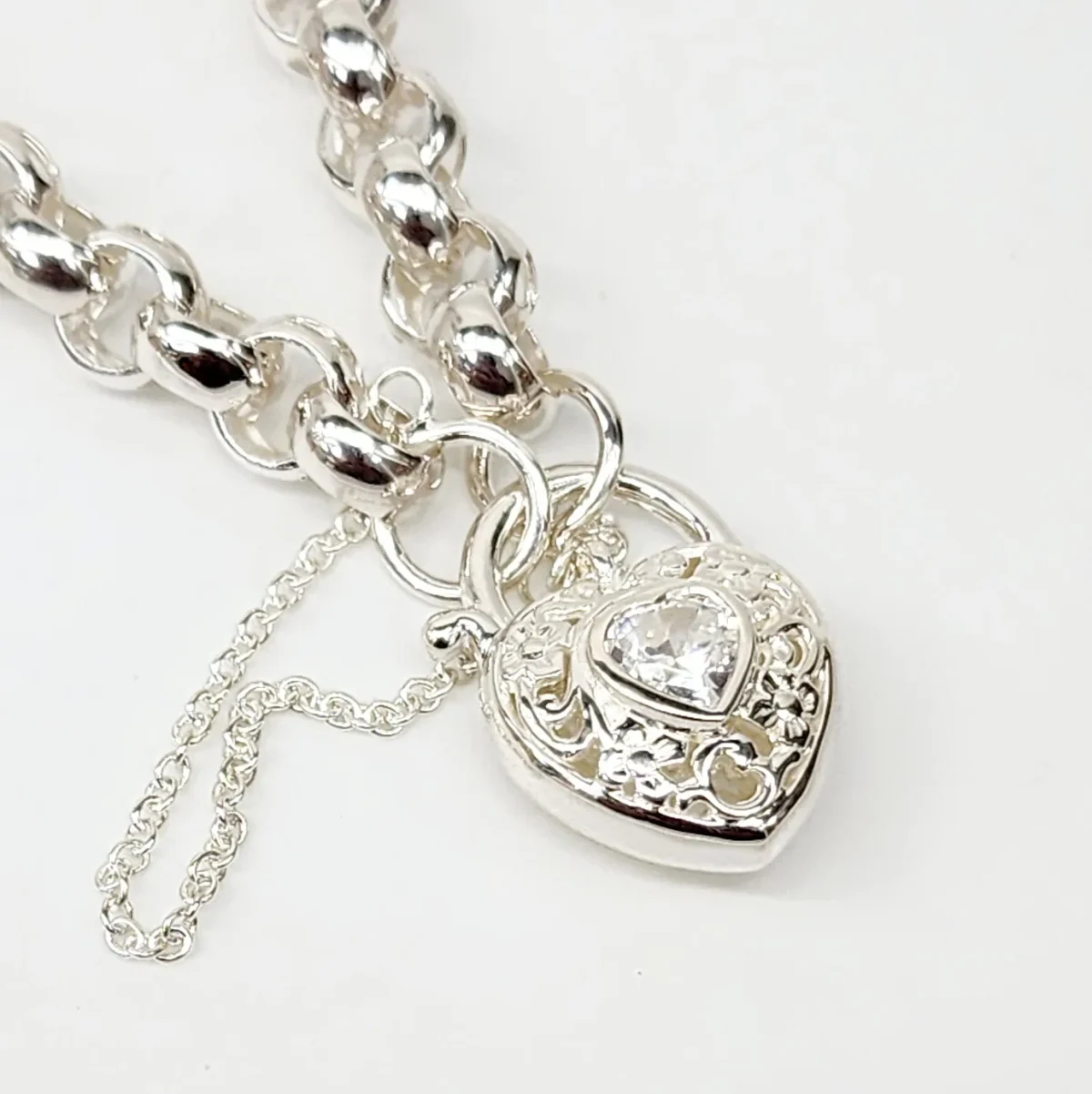 Sterling Silver Round Belcher with Heart Shape Clear CZ Filigree Padlock Bracelet