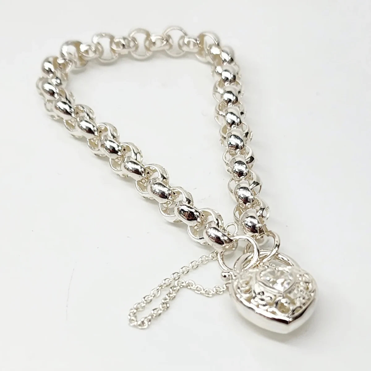 Sterling Silver Round Belcher with Heart Shape Clear CZ Filigree Padlock Bracelet
