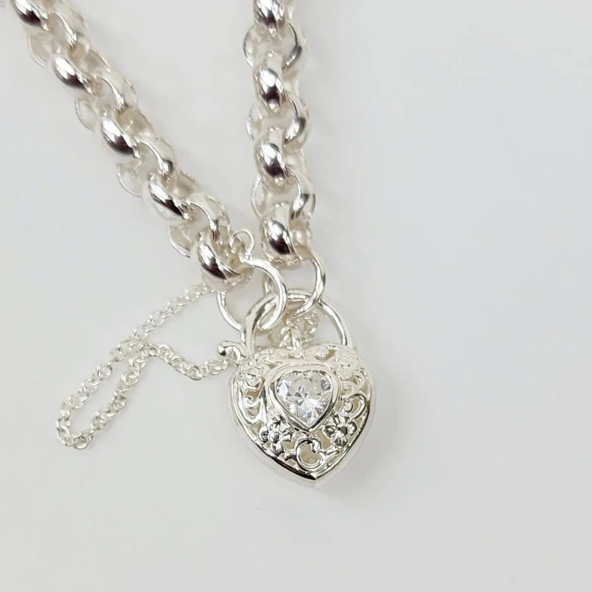 Sterling Silver Round Belcher with Heart Shape Clear CZ Filigree Padlock Bracelet