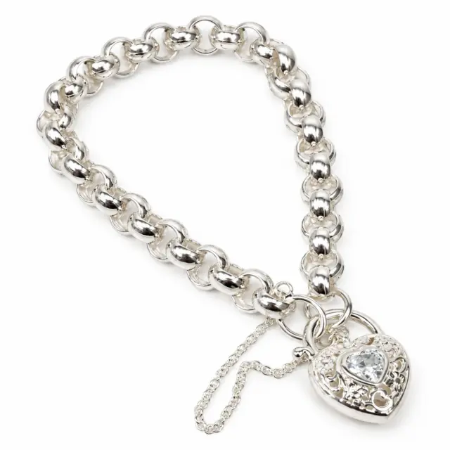 Sterling Silver Round Belcher with Heart Shape Clear CZ Filigree Padlock Bracelet