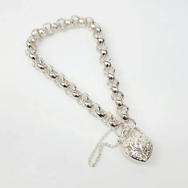 Sterling Silver Round Belcher with Heart Shape Clear CZ Filigree Padlock Bracelet