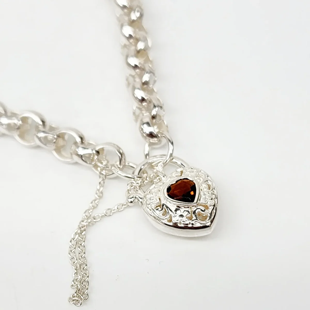 Sterling Silver Round Belcher with Heart Shape Garnet Filigree Padlock Bracelet