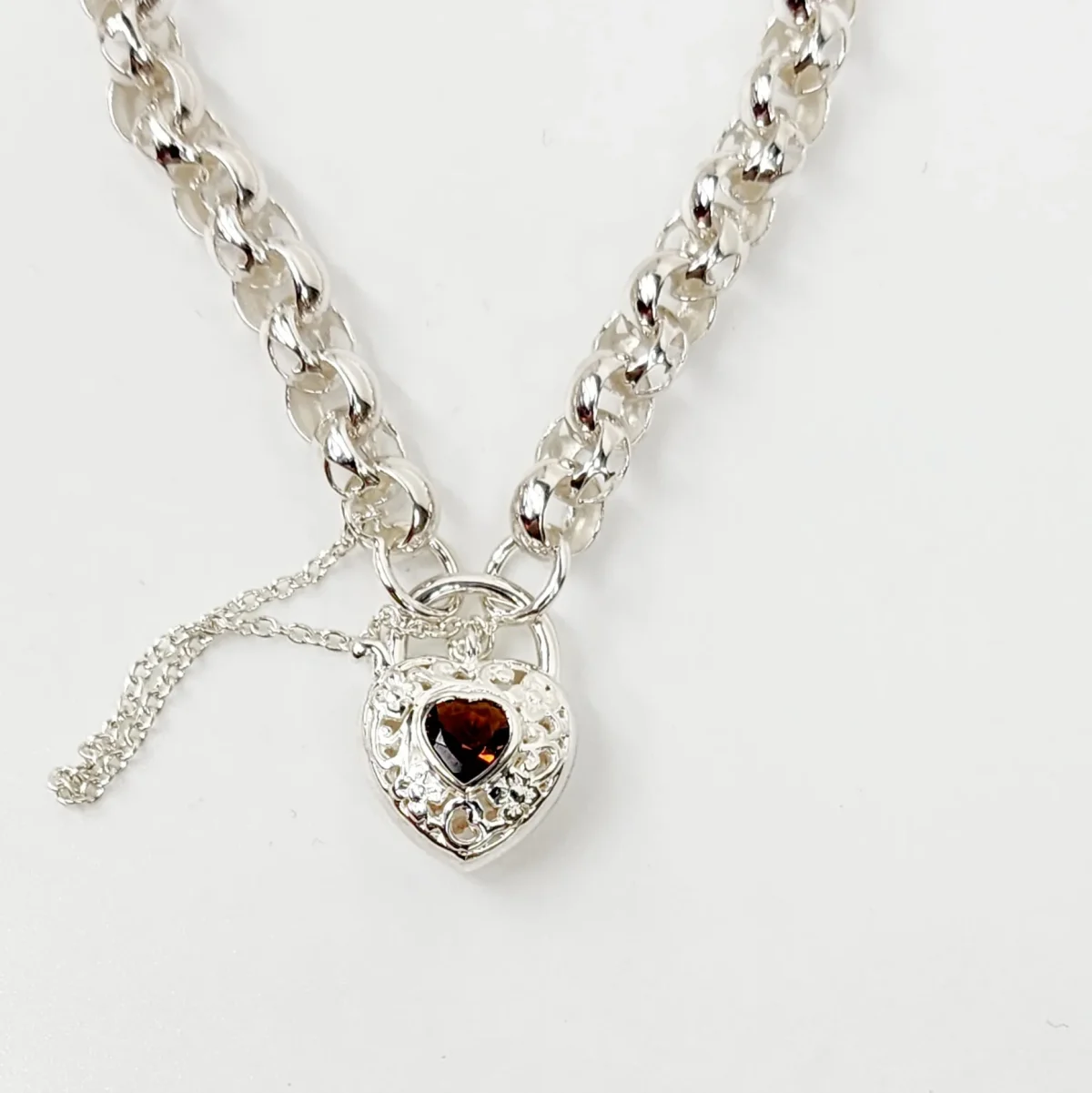 Sterling Silver Round Belcher with Heart Shape Garnet Filigree Padlock Bracelet