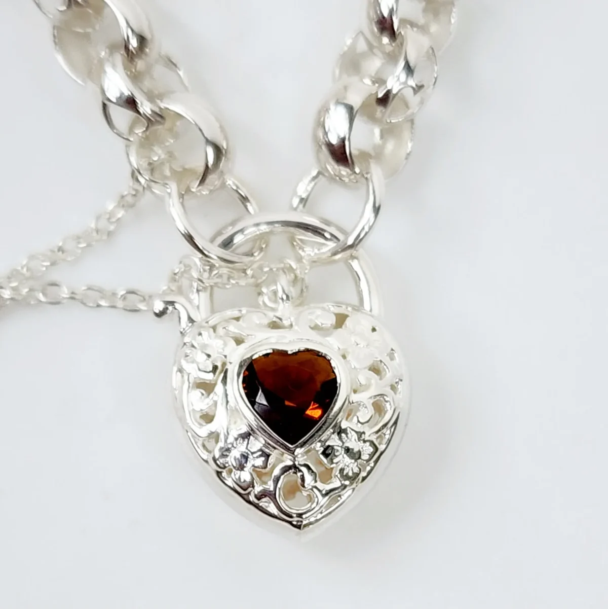 Sterling Silver Round Belcher with Heart Shape Garnet Filigree Padlock Bracelet