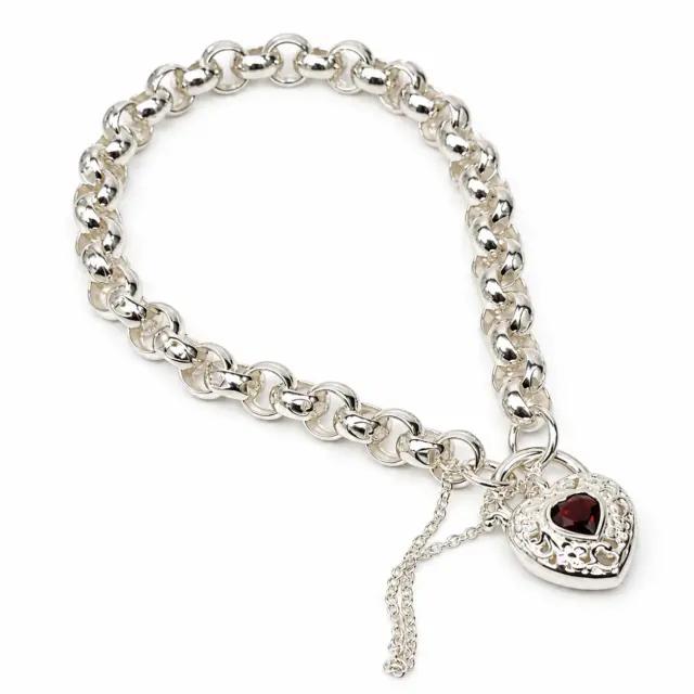 Sterling Silver Round Belcher with Heart Shape Garnet Filigree Padlock Bracelet