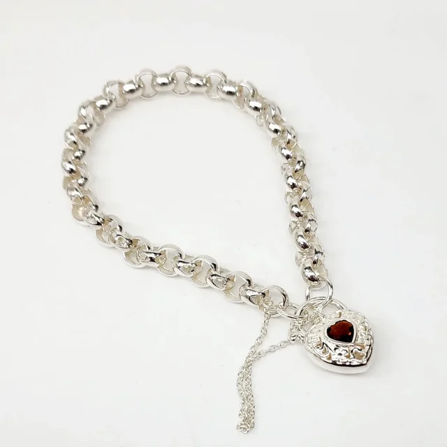 Sterling Silver Round Belcher with Heart Shape Garnet Filigree Padlock Bracelet