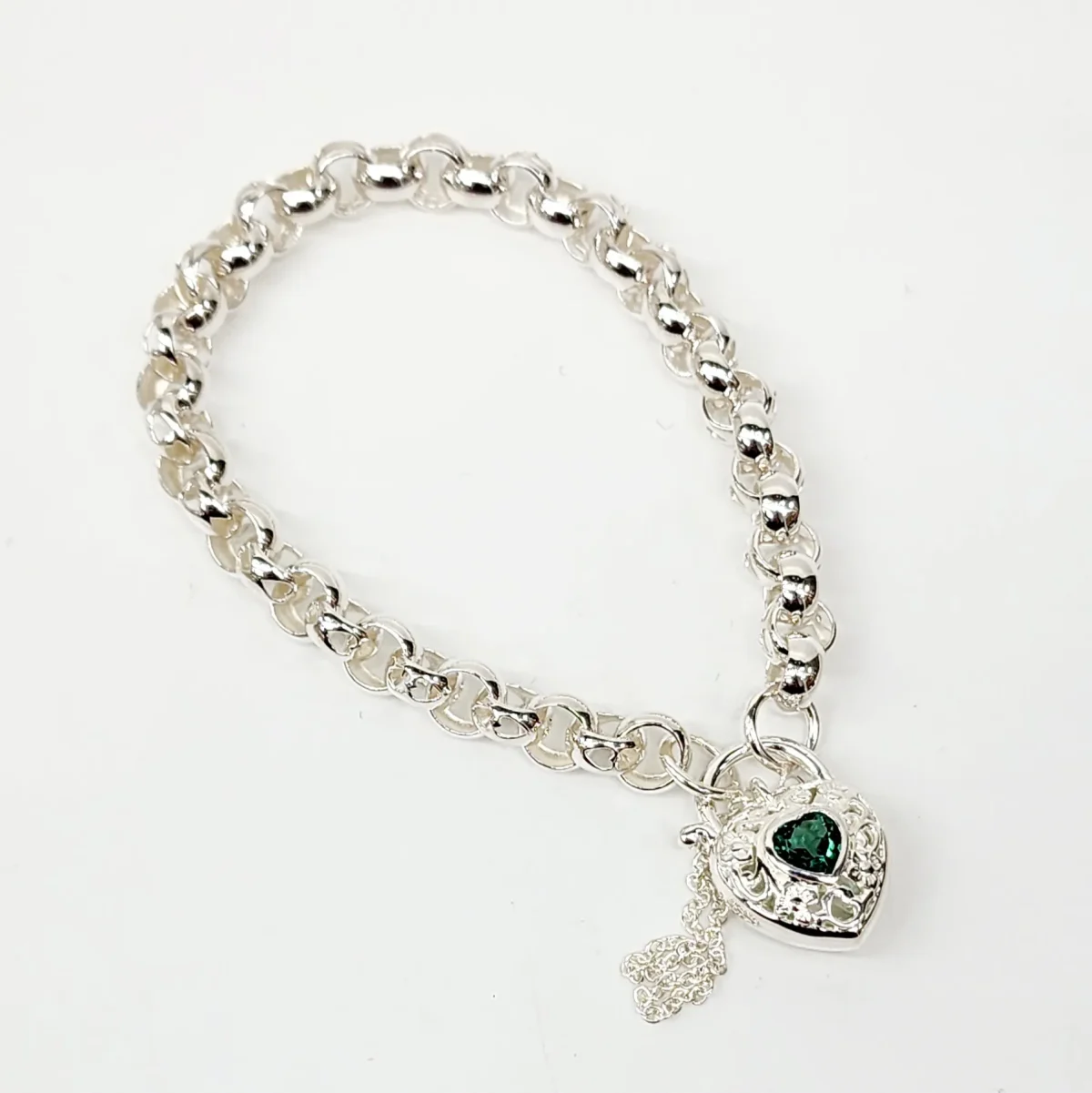 Sterling Silver Round Belcher with Heart Shape Green CZ Filigree Padlock Bracelet