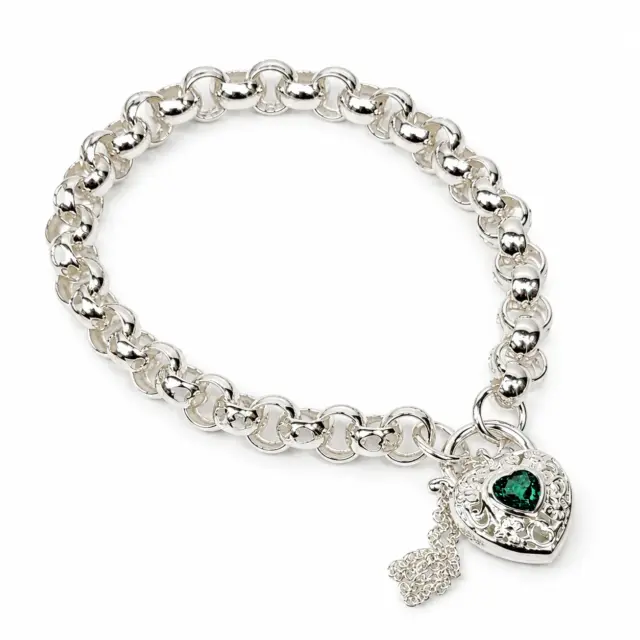 Sterling Silver Round Belcher with Heart Shape Green CZ Filigree Padlock Bracelet