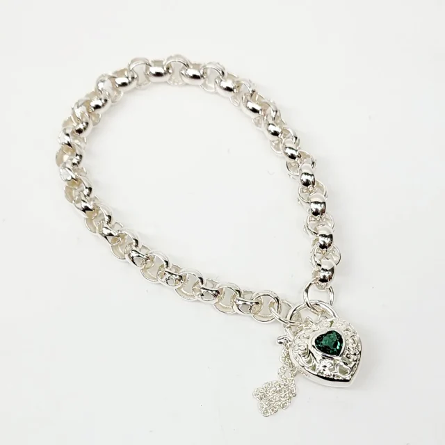 Sterling Silver Round Belcher with Heart Shape Green CZ Filigree Padlock Bracelet