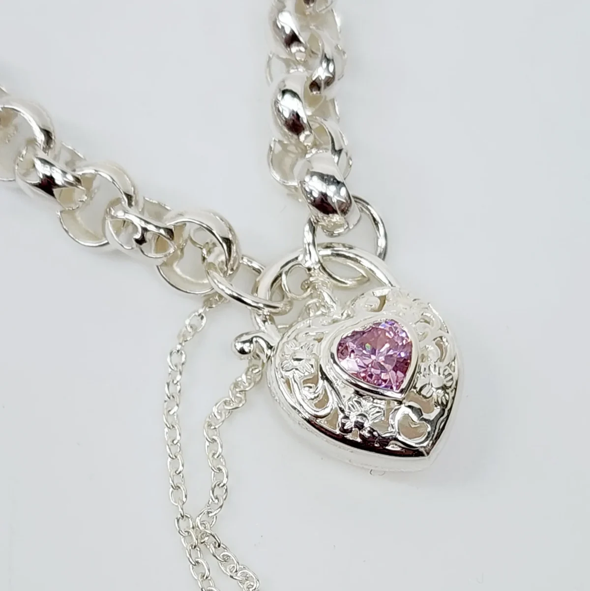 Sterling Silver Round Belcher with Heart Shape Pink CZ Filigree Padlock Bracelet