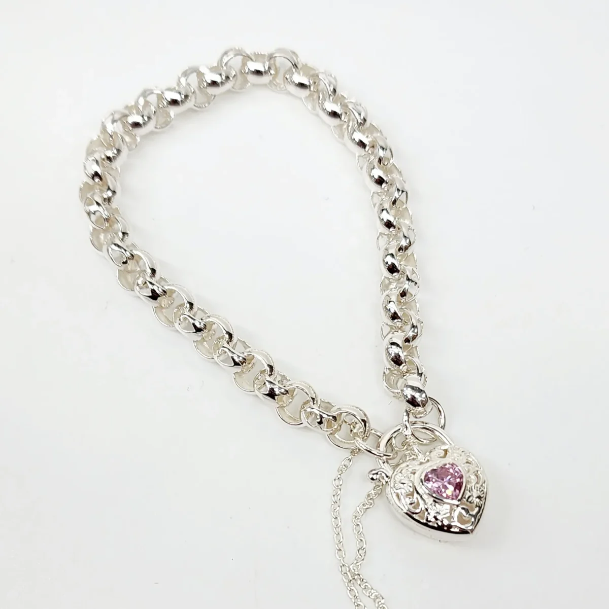 Sterling Silver Round Belcher with Heart Shape Pink CZ Filigree Padlock Bracelet