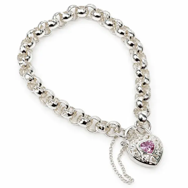 Sterling Silver Round Belcher with Heart Shape Pink CZ Filigree Padlock Bracelet