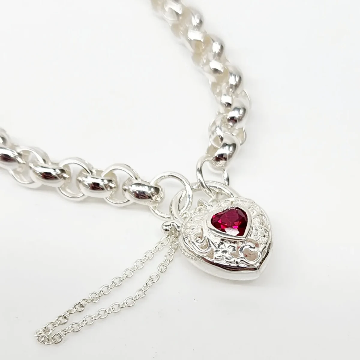 Sterling Silver Round Belcher with Heart Shape Red CZ Filigree Padlock Bracelet