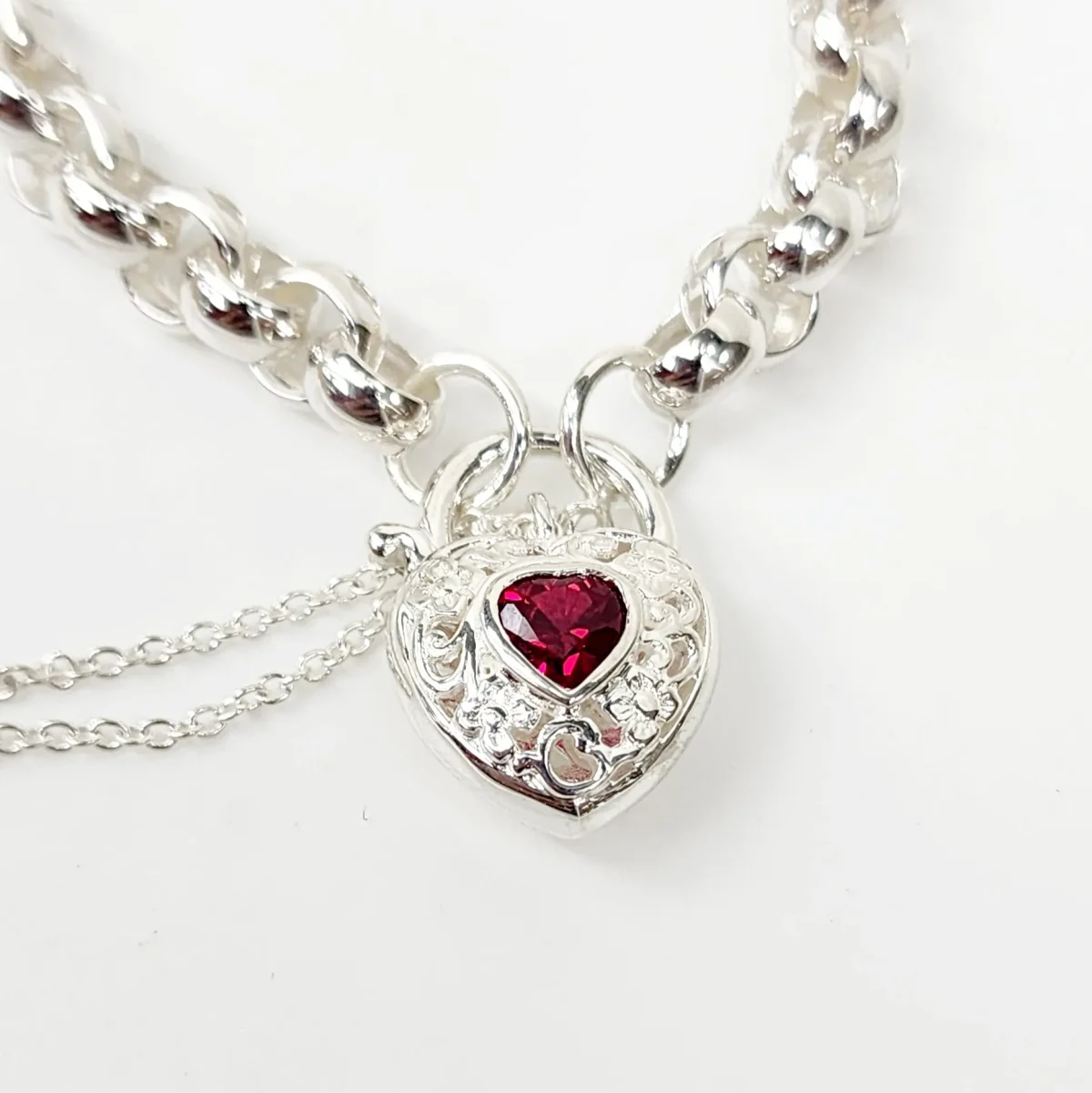 Sterling Silver Round Belcher with Heart Shape Red CZ Filigree Padlock Bracelet