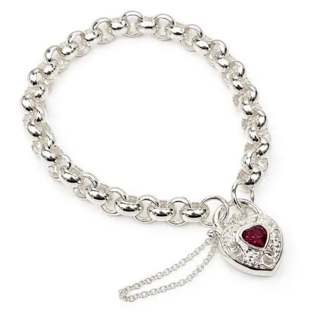 Sterling Silver Round Belcher with Heart Shape Red CZ Filigree Padlock Bracelet