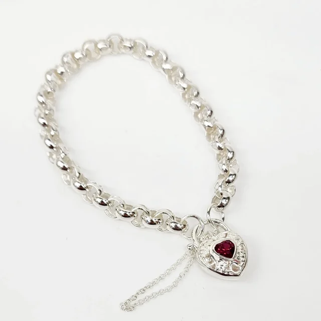Sterling Silver Round Belcher with Heart Shape Red CZ Filigree Padlock Bracelet