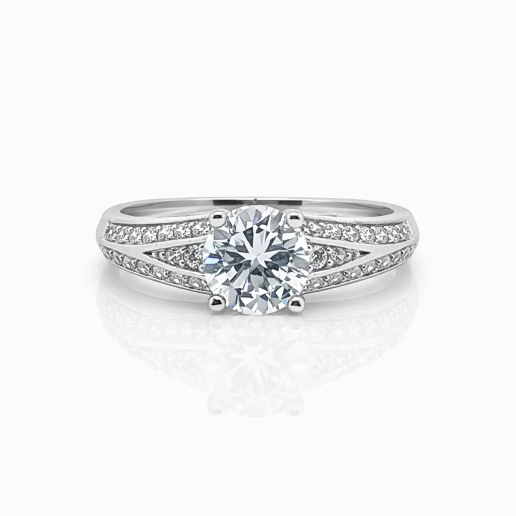 Sterling Silver Round Cubic Zirconia Ring – 6.20mm Centre Stone with Pavé Shoulders - PT1870