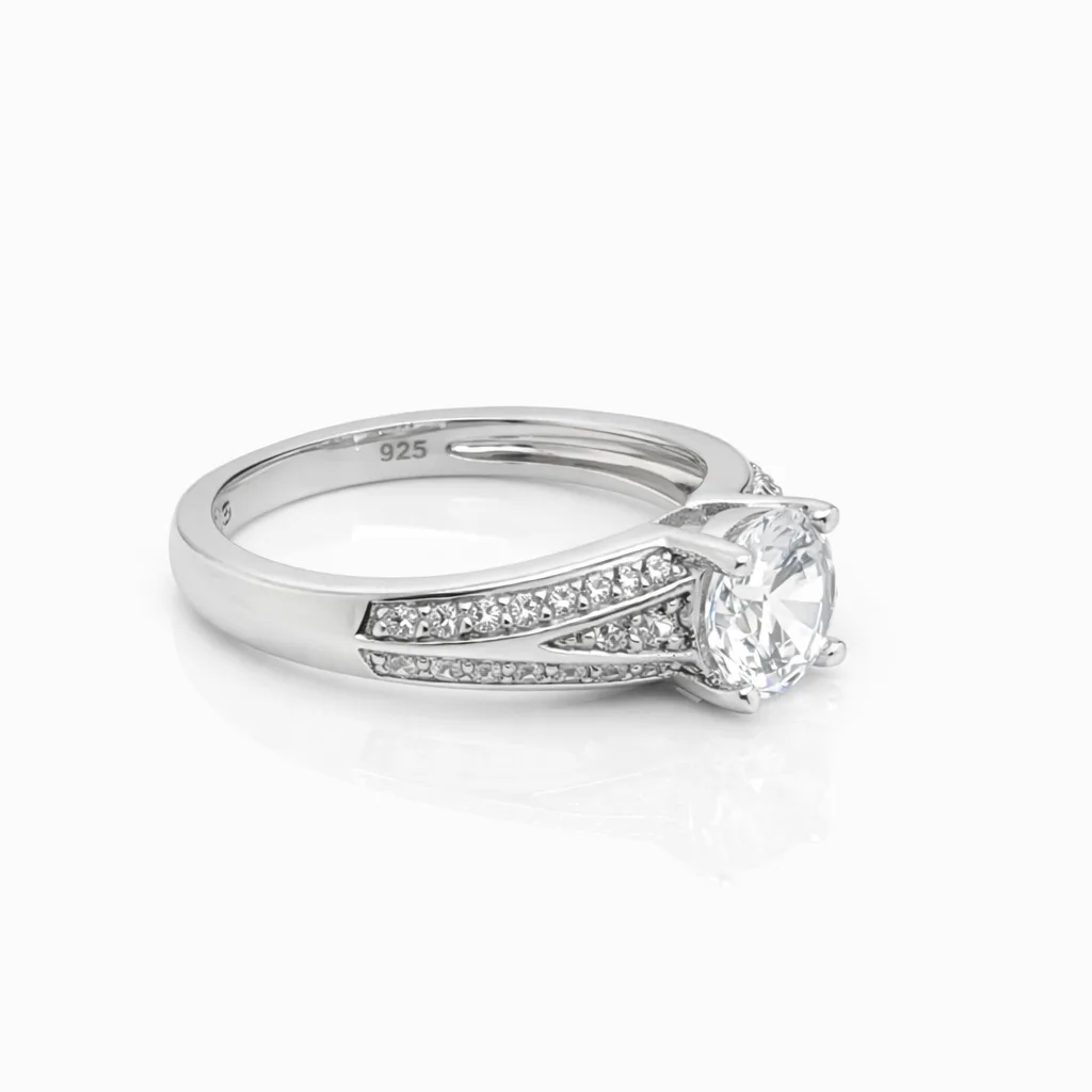 Sterling Silver Round Cubic Zirconia Ring – 6.20mm Centre Stone with Pavé Shoulders - PT1870