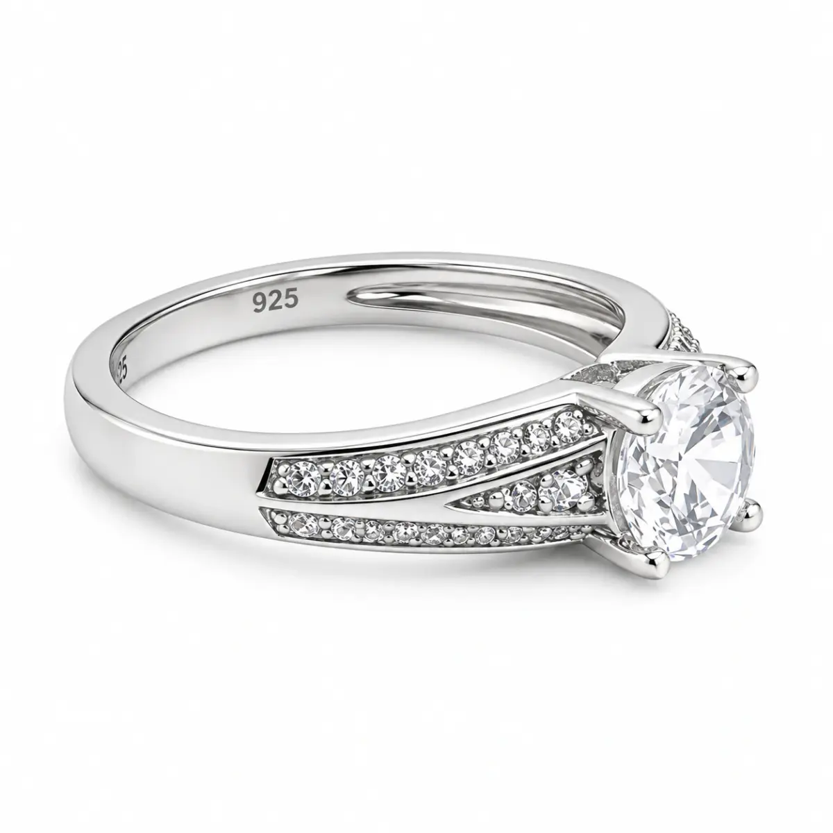 Sterling Silver Round Cubic Zirconia Ring – 6.20mm Centre Stone with Pavé Shoulders - PT1870
