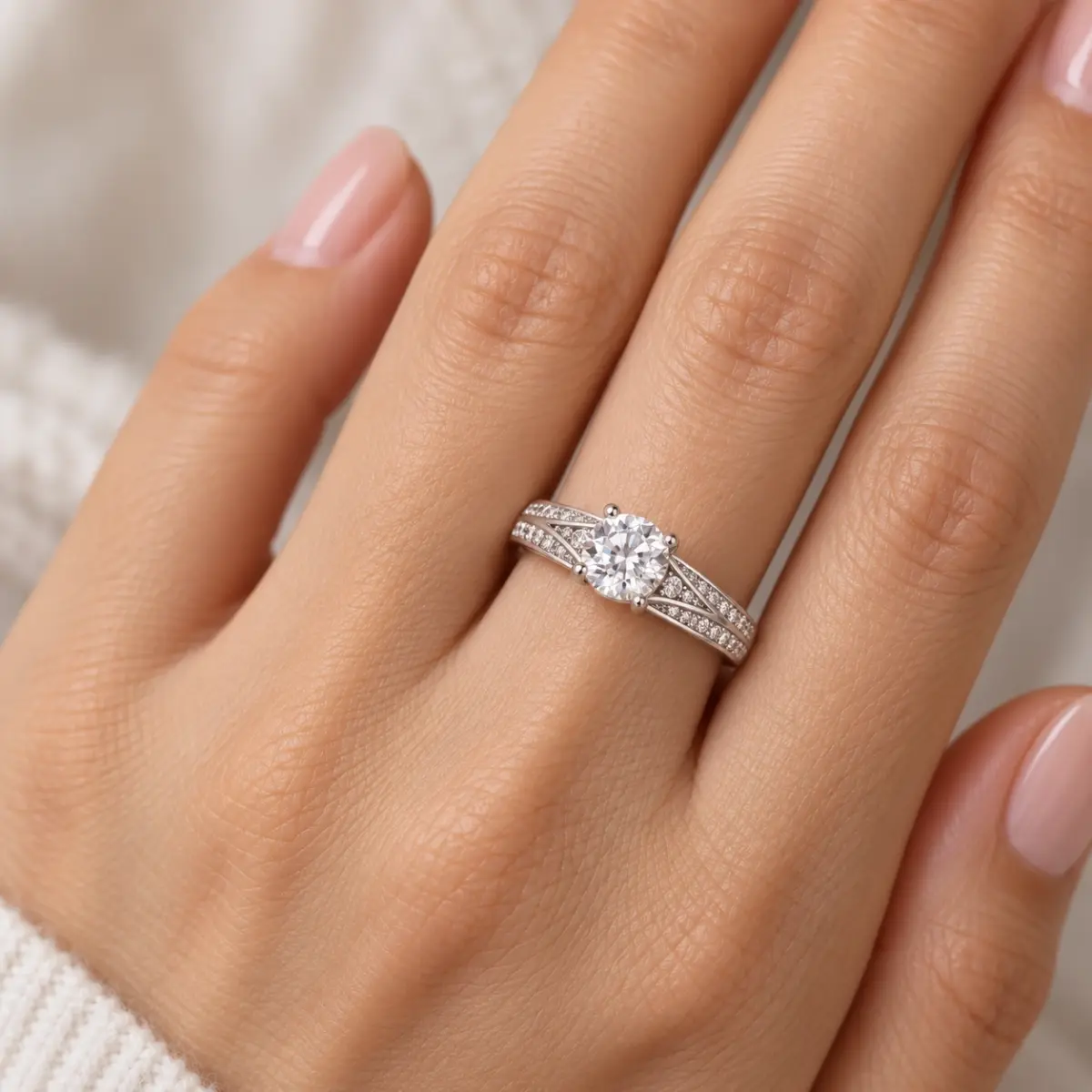 Sterling Silver Round Cubic Zirconia Ring – 6.20mm Centre Stone with Pavé Shoulders - PT1870