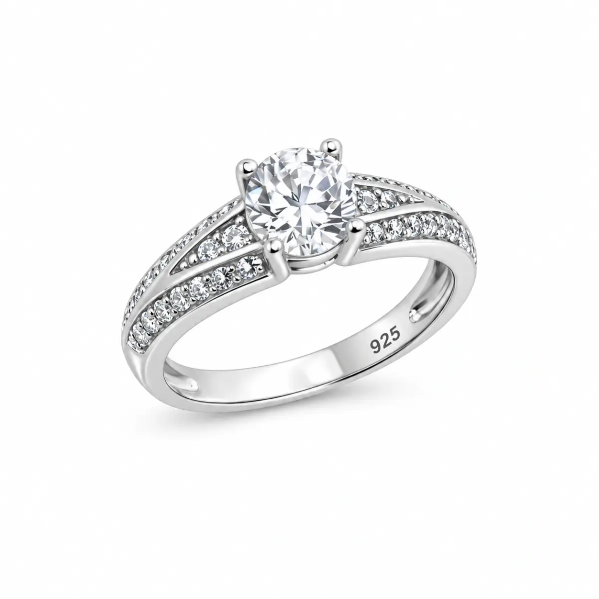 Sterling Silver Round Cubic Zirconia Ring – 6.20mm Centre Stone with Pavé Shoulders - PT1870