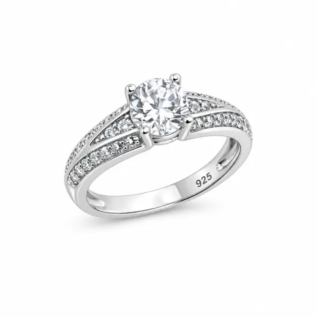 Sterling Silver Round Cubic Zirconia Ring – 6.20mm Centre Stone with Pavé Shoulders - PT1870