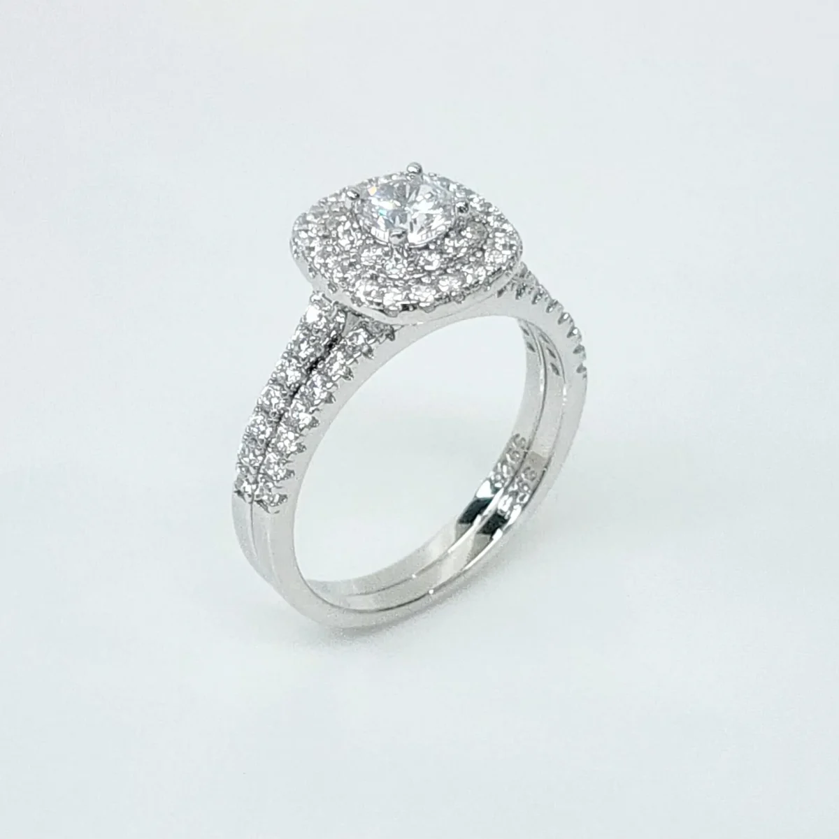 Sterling Silver Round Cut Double-Halo Engagement Ring & Matching Wedding Band with CZ Setting