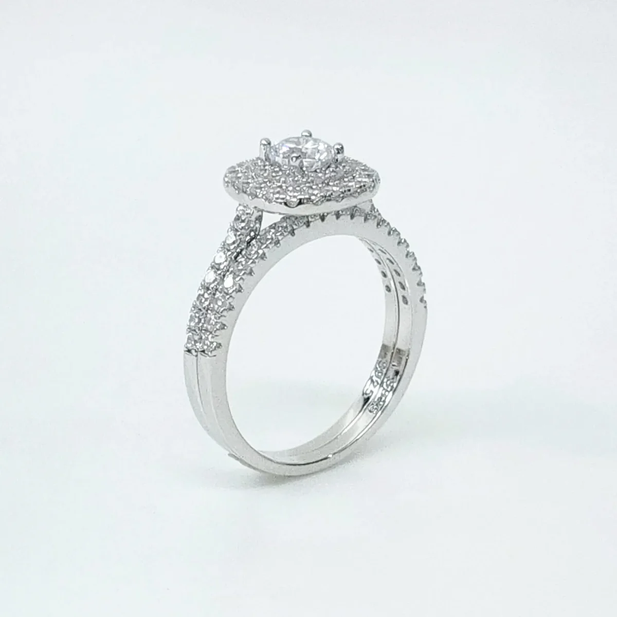 Sterling Silver Round Cut Double-Halo Engagement Ring & Matching Wedding Band with CZ Setting