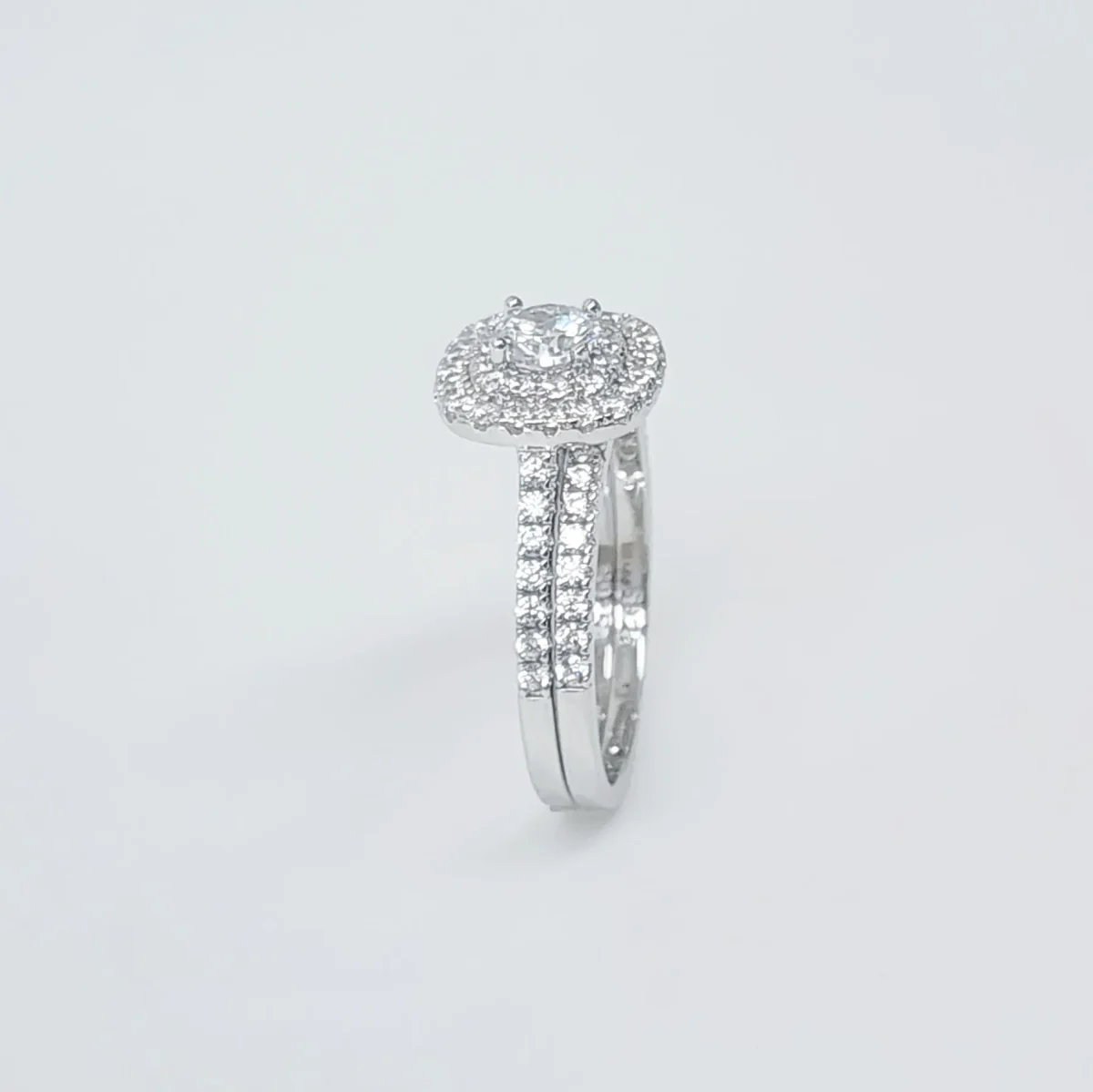 Sterling Silver Round Cut Double-Halo Engagement Ring & Matching Wedding Band with CZ Setting